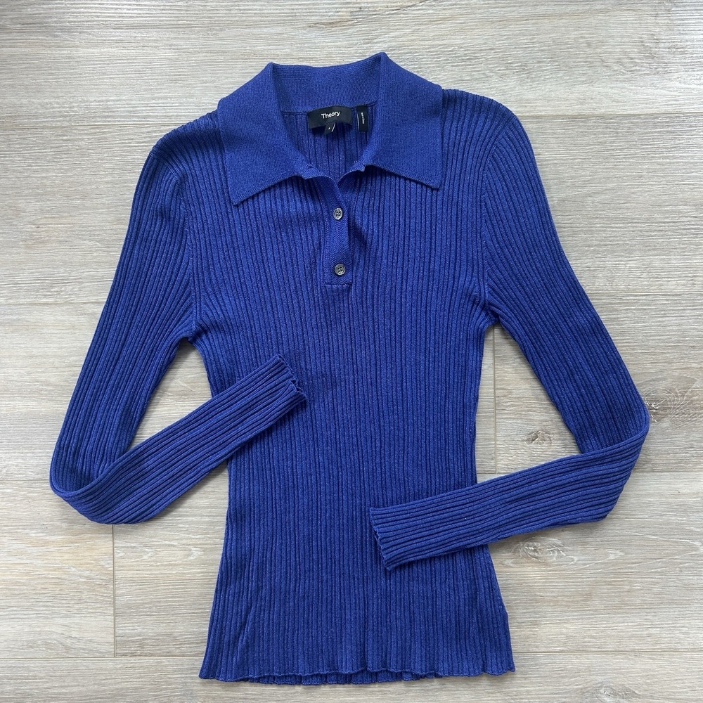 Theory Ribbed Polo Sweater Womens Small Blue Long Sleeve Knit Top Raglan